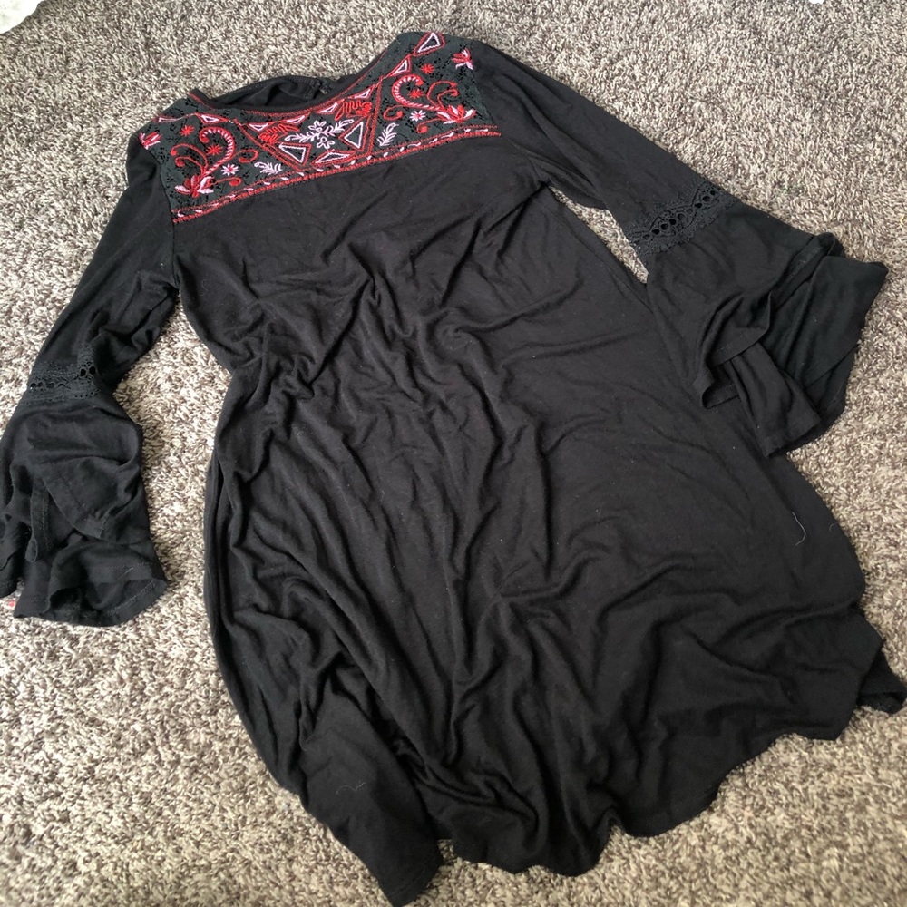 Black embroidered bell sleeve dress